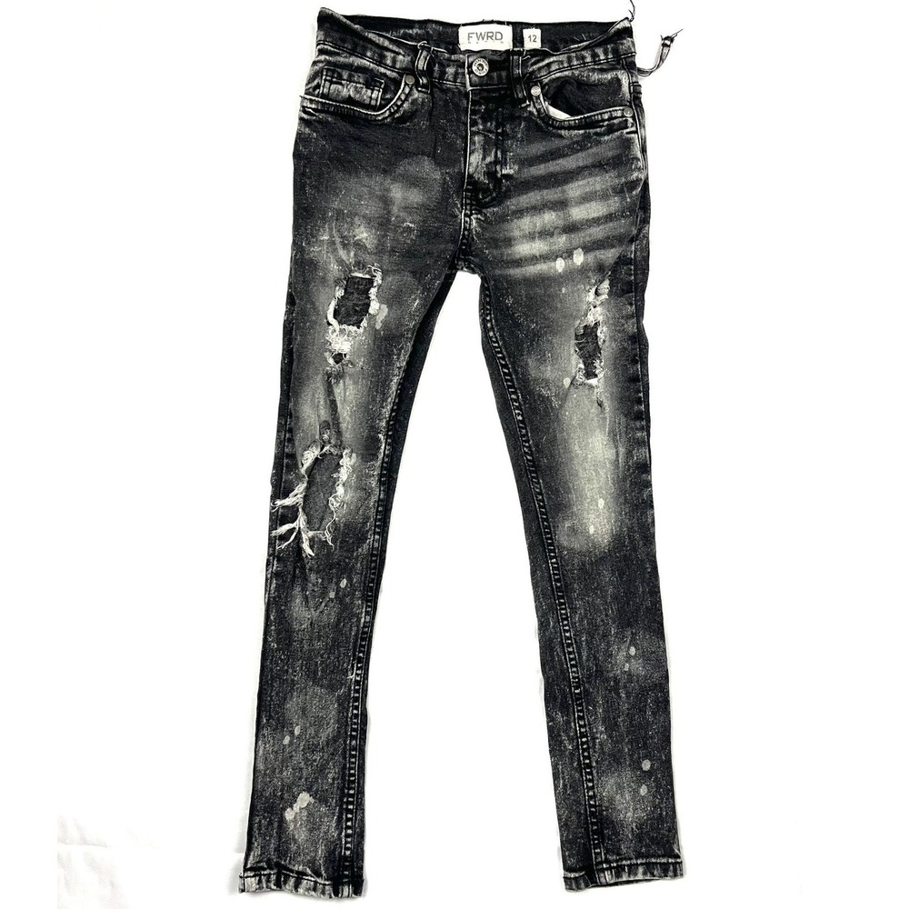 FWRD Denim Boys Size 12 Distressed Acid Wash Black Skinny Jeans Ripped Streetwea